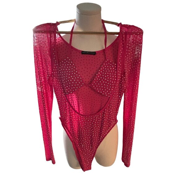 Hot Pink Rhinestone Long-Sleeve Sheer Bodysuit W/ Crisscross Halter Neck - Picture 2 of 4
